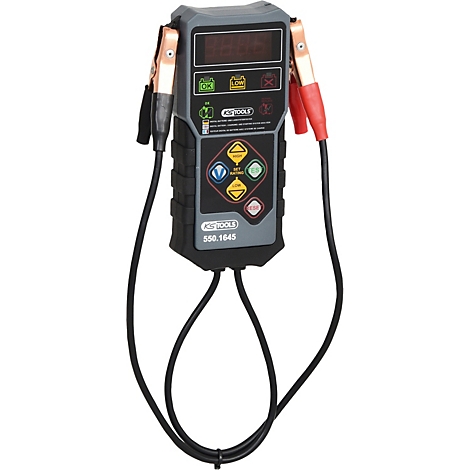 Batterietester mit roten und goldenen Klemmen, die an Kabeln befestigt sind. Auf einem grauen Gehäuse befindet sich ein Display.