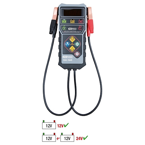 Schwarzes Batterietestgerät mit roten und schwarzen Klemmen, mit Anzeige und zwei Diagrammen zur Spannungserkennung.