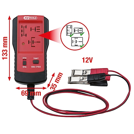 Rotes KS TOOLS-Relaisprüfgerät mit schwarzen Kabeln und Klemmen; 12V.
