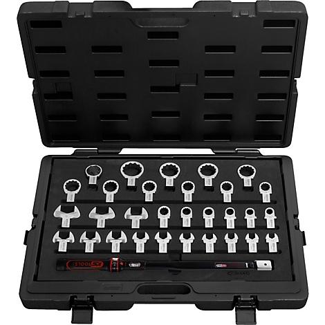 Werkzeugkoffer mit offenem Deckel. Darin liegen verschiedene Ringschlüssel, ein Drehmomentschlüssel. Alle Werkzeuge sind auf einer schwarzen Schaumstoffeinlage verstaut.