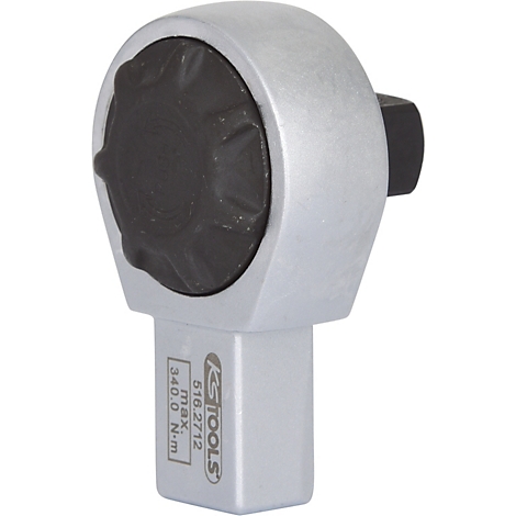 Nahaufnahme eines silbernen KS TOOLS Knarrenkopfes mit schwarzem Drehrad. Auf dem Gehäuse steht "KS TOOLS".