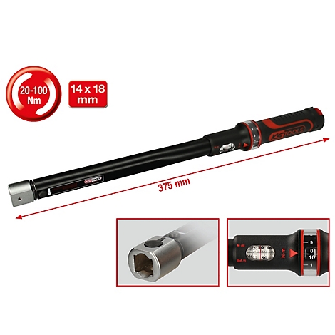 Schwarzer Drehmomentschlüssel mit roter Markierung. Auf der Skala steht: 20-100 Nm, 14 x 18 mm, 375 mm.