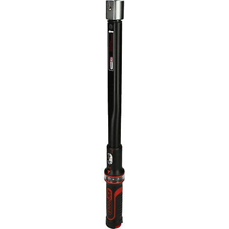 Schwarz-rotes zylindrisches Werkzeug mit silbernem Kopf. Details sind sichtbar.