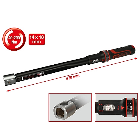 Schwarzer Drehmomentschlüssel mit roten Akzenten. Aufschrift: 40-200 Nm und 470 mm. Detailansichten des Kopfes und der Einstellung.