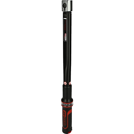 Schwarzes Metallwerkzeug, an der Spitze mit silbernem Ring, Knauf, unten rote Details.