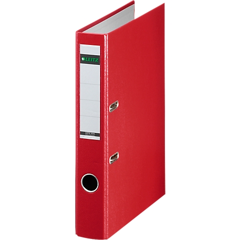 A red Leitz binder. Labels and logo are visible on the spine. The binder is open.