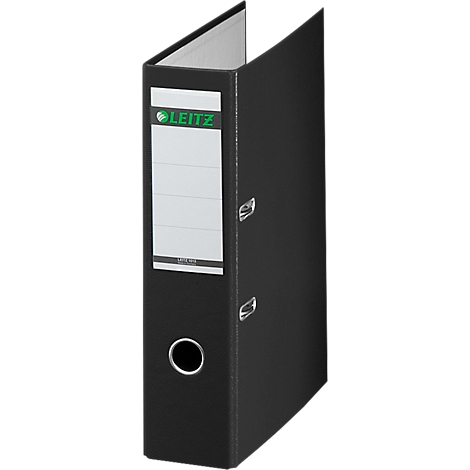 Black Leitz file binder. The binder is slightly open.