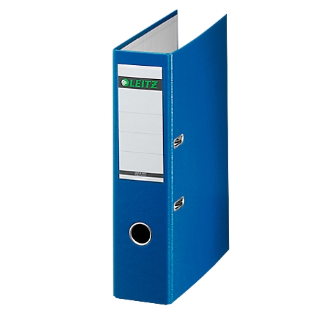Blue Leitz binder with white label and lettering. Open, against a white background.