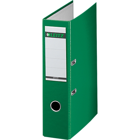 Green Leitz binder, with white label and the company logo.
