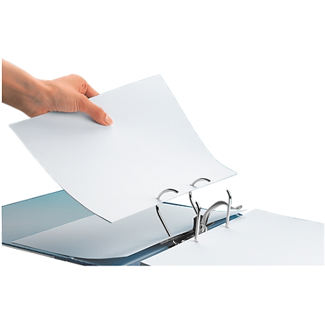 Hand placing a white sheet into a binder. Metal rings hold the paper in place.