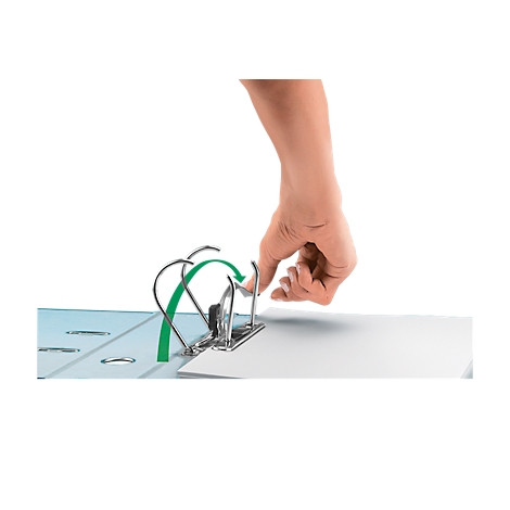 A hand opens a file folder. Arrow with green arch indicates direction of opening. On white paper background.