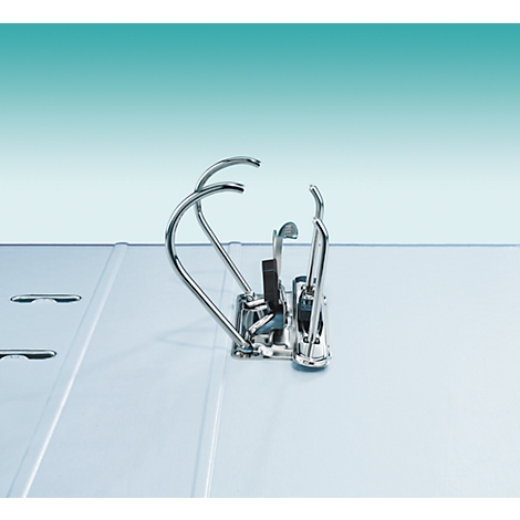 Close-up of the metallic ring mechanism of a white binder on a light blue background.