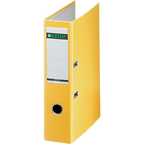 Yellow Leitz folder. Inscription: Leitz, with a white label.