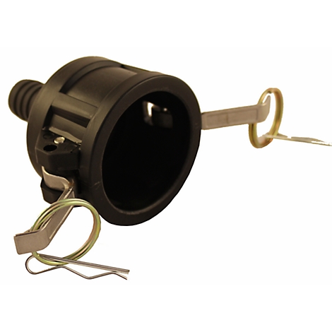 Black quick coupling with metal bracket and retaining pin. The front end is open and round.