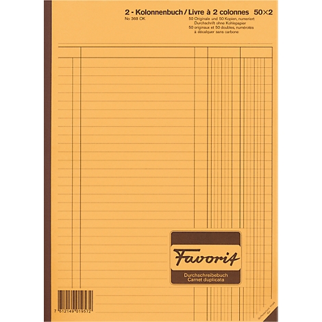 An open, checkered yellow notebook. At the top is the title and product description in German and French. Below the Favorit logo.