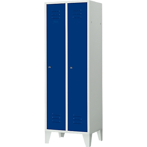 A white locker with two blue doors, standing on white legs. Each door has a vent and a silver knob.