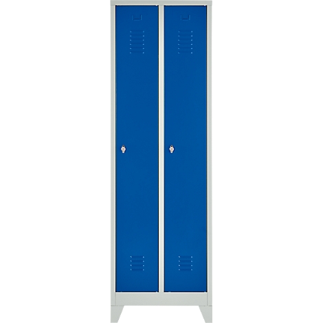 Blue locker with two doors, white frame, and silver handles.