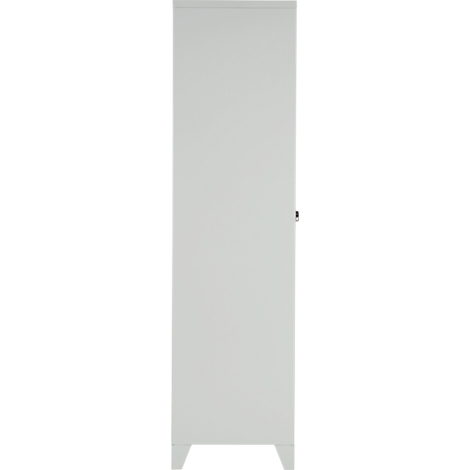 White cabinet with two feet, slightly open door and small handle.