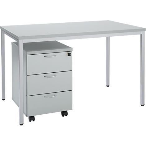 Grijze bureautafel met drie lades en wielen. De tafel heeft een metalen frame en een lichtgekleurd tafelblad.