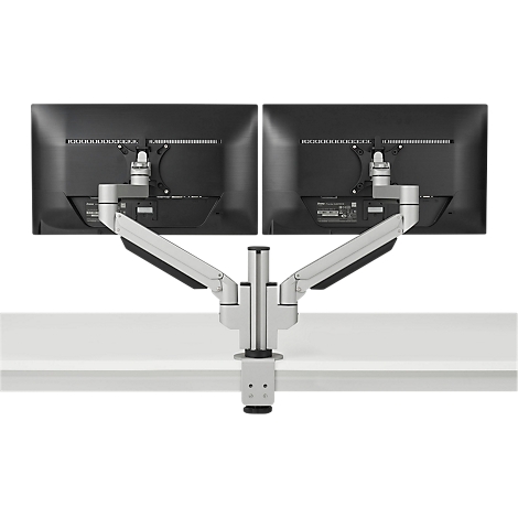 Doppelmonitor-Halterung aus Metall, an einem Schreibtisch befestigt. Die Monitore sind nach hinten gerichtet.