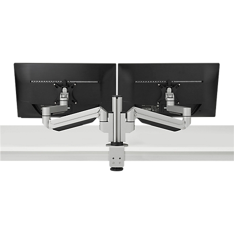 Ein Monitorarm für zwei Monitore. Silberne, flexible Arme verbinden die Bildschirme mit einer zentralen Halterung.