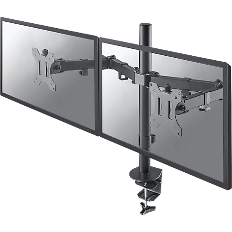 A black dual monitor arm with two monitors. The arm is attached to a desk with a clamp.