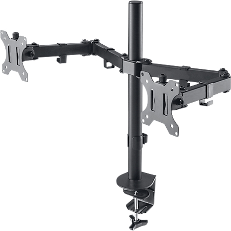 Black monitor mount for two screens, attached to a clamp.