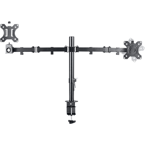 Black, two-part monitor arm with brackets and clamps for attaching to a desk.