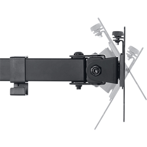 Black TV mount; rotatable and tiltable from different angles.