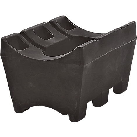 Black plastic barrel holder with three recesses on top and four legs. Angled sides.