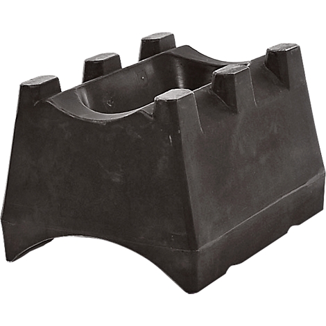 Black, square plastic stand with rounded edges. It has a recess at the top.
