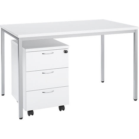 White desk with metal legs and rolling container with three drawers.