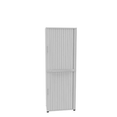A white, ridged cabinet against a white background. It has two doors with a handle.