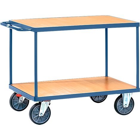 Blue-grey transport cart with wooden shelves. Two levels, four wheels. Handle on top.