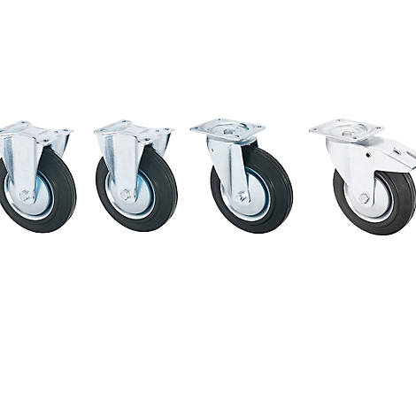 Close-up of four metallic castors, each with a black tire, against a white background.