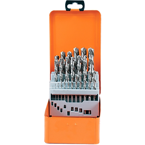 Orange case containing a set of drill bits. The case is open, displaying various drill bit sizes.