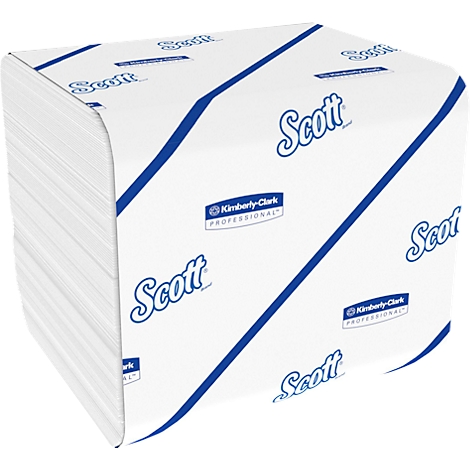 Weißes Papiertuchpaket, bedruckt mit blauem Logo und diagonaler Linie. Marke: Scott Kimberly-Clark Professional.