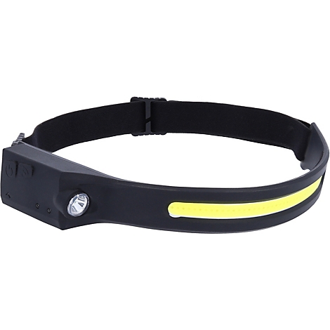 Schwarze Stirnlampe mit gelbem Lichtband und einem Knopf. Über dem Stirnband befindet sich ein schwarzes Band.