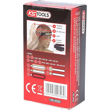 Auf einer roten Verpackung ist eine Stirnlampe abgebildet. Grafiken zeigen die Funktionen der Lampe. Text: KS Tools, 270° Outdoor-Kopflampe.