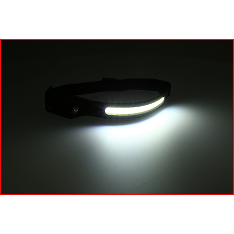 Stirnlampe im Einsatz, mit hellem Lichtschein.