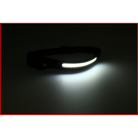 Eine schwarze Stirnlampe mit leuchtend weißem Licht, das sich auf einer Oberfläche ausbreitet.