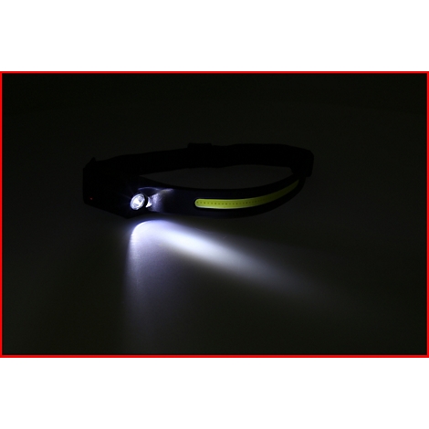 Schwarze Stirnlampe mit hellem Lichtkegel. Gelber Streifen am Kopfband.