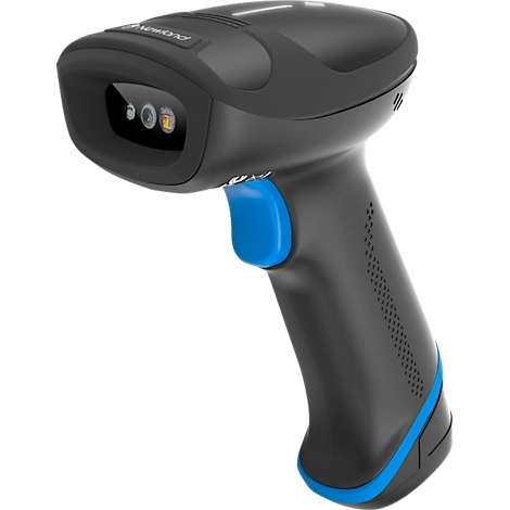 Ein schwarzer Barcodescanner mit blauem Auslöser und Akzenten.