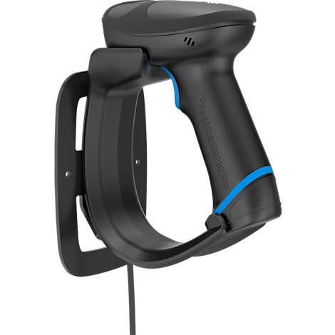 Schwarzer Barcode-Scanner in Halterung, blaue Akzente, vor weissem Hintergrund.