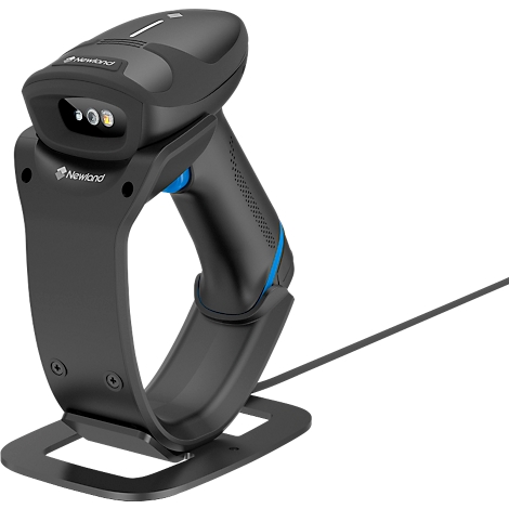 Schwarzer Barcodescanner mit blauen Akzenten, in Halterung. Kabelanschluss.