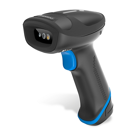 Schwarzer Barcodescanner mit blauem Knopf und blauer Linie am Griff.