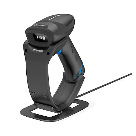Schwarzer Barcode-Scanner in Halterung. Mit blauem Akzent, Stecker-Kabel.