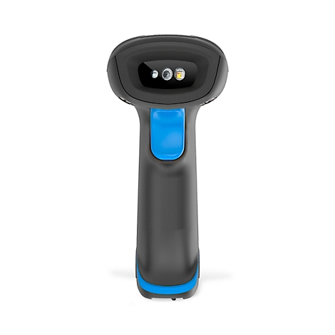 Schwarzer Barcode-Scanner in Halterung mit blauem Akzent.