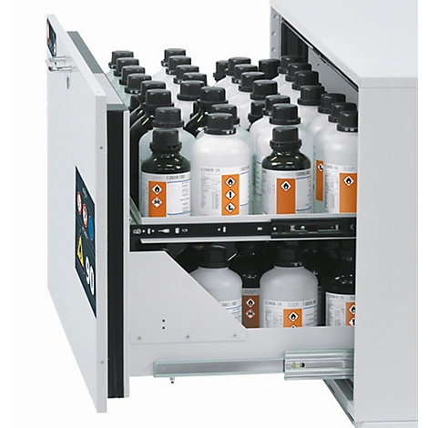 Une armoire de laboratoire blanche ouverte avec des tiroirs remplis de bouteilles. Des étiquettes d'avertissement sont visibles sur chaque bouteille.