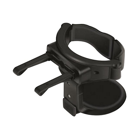 Schwarzer Getränkehalter aus Kunststoff, mit Klammern und Aufnahme für Becher.